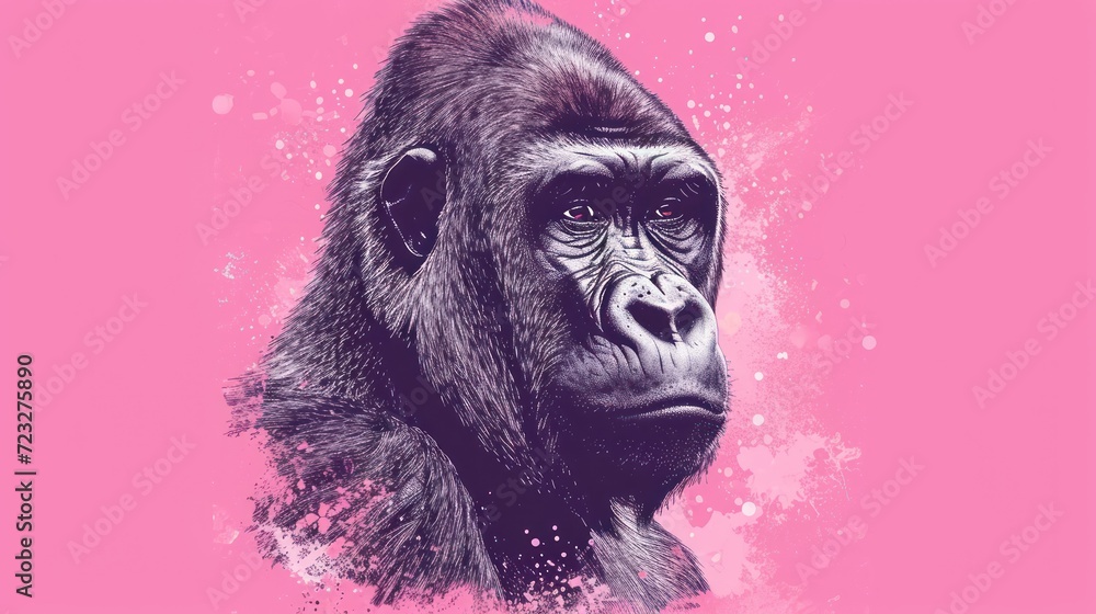a close up of a monkey's face on a pink background with a splash of paint on the lower half of the face and bottom half of the gorilla's face. a close up of a monkey's face on a pink background with a splash of paint on the lower half of the face and bottom half of the gorilla's face.