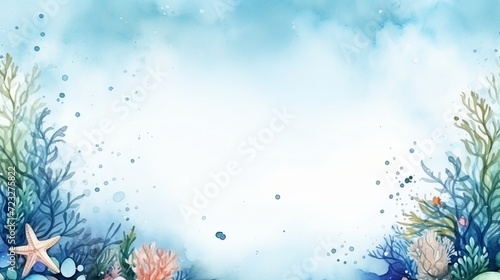 Marine composition on a blue background seaweed corals and starfish watercolor illustration underwater inhabitants