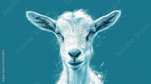  a close up of a goat's face on a blue background with a small amount of light coming from the top of the goat's head and the goat's head.