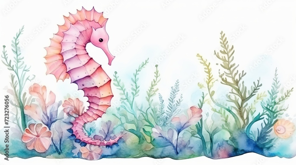 Fototapeta premium Marine composition seashell seahorse algae corals and bubbles watercolor illustration