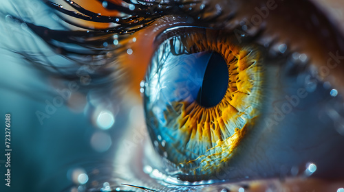 yellow and blue eye close up with drops on eyelashes, generative ai