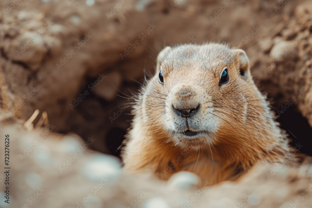 close-up of a groundhog's face as it peeks out of its burrow on Groundhog Day