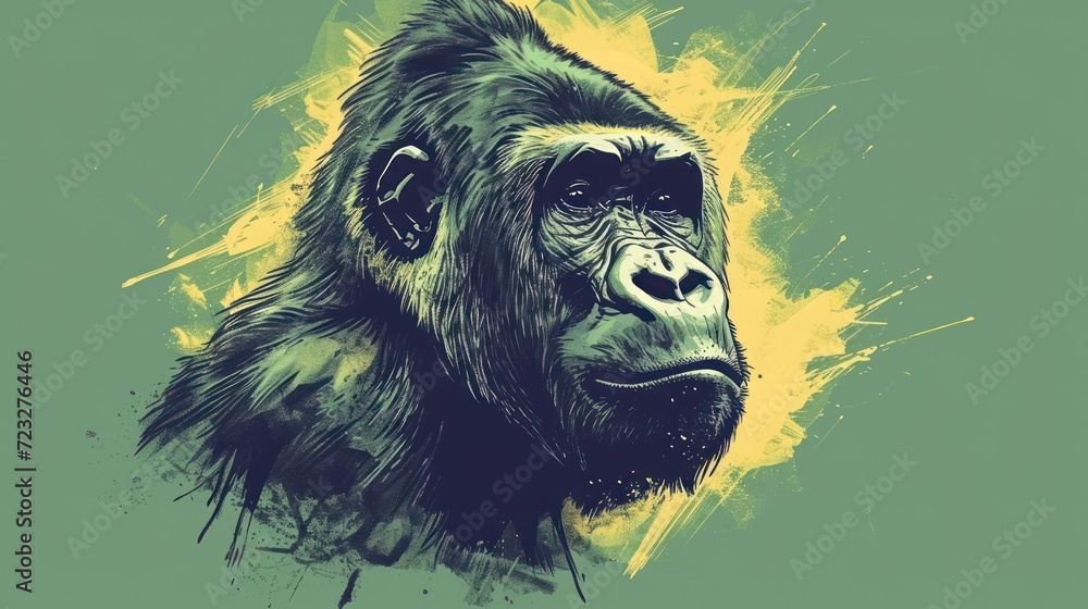 a close up of a monkey's face with yellow and green paint splatters on the back of the gorilla's upper half of it's face. a close up of a monkey's face with yellow and green paint splatters on the back of the gorilla's upper half of it's face.