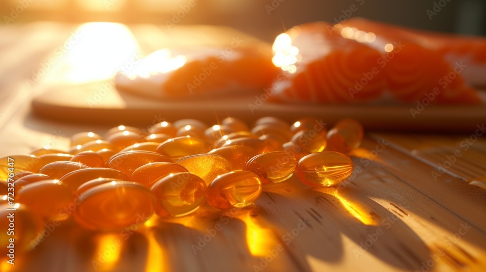 Vitamin D capsule resting on a fresh, oily fish fillet, symbolizing a rich source of Omega-3 fatty acids and essential nutrients for boosting the immune system and maintaining overall health. - obrazy, fototapety, plakaty 