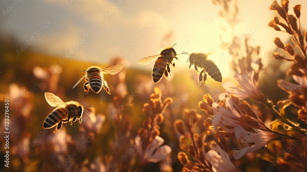 Group of bee is flaying at the flowers garden with beautiful sunset view in the summer season. Created with Generative AI - obrazy, fototapety, plakaty 