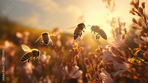 Group of bee is flaying at the flowers garden with beautiful sunset view in the summer season. Created with Generative AI photo