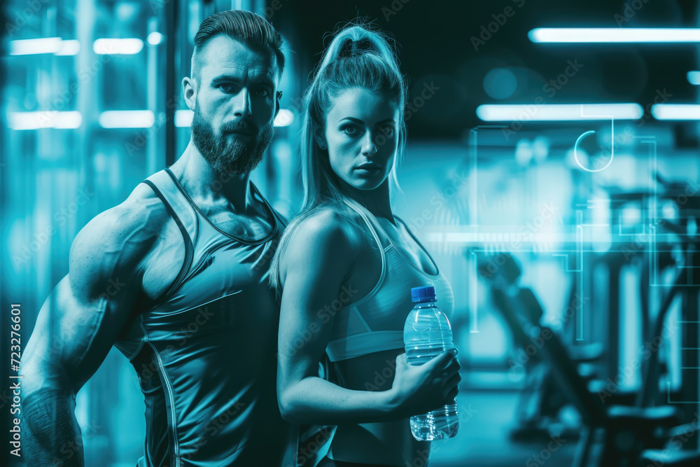 couple with a sport clothes and a water bottle and a professional overlay on the gym couple with a sport clothes and a water bottle and a professional overlay on the gym