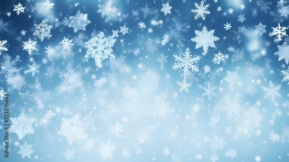 Beautiful winter Christmas glowing background with falling snowflakes, winter background