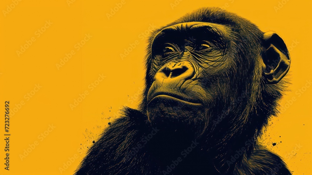 a close up of a chimpan on a yellow background with a black and white image of a chimpan on the right side of the chimpan. a close up of a chimpan on a yellow background with a black and white image of a chimpan on the right side of the chimpan.