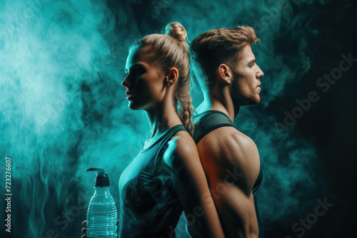 couple with a sport clothes and a water bottle and a professional overlay on the gym