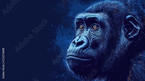  a close up of a monkey's face on a dark blue background with a blue light coming from the upper half of the gorilla's face and the lower half of the gorilla's face.