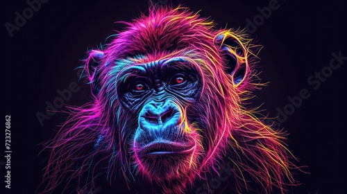  a close up of a monkey's face with a neon light effect on it's face and the monkey's head is in the center of the frame. © Nadia