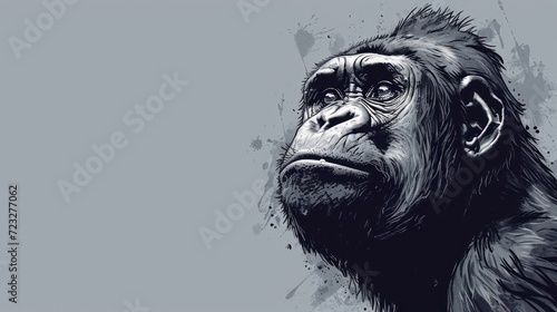  a black and white drawing of a chimpan on a gray background, with the head of a chimpan on the left side of the chimpan.