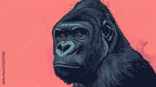  a close up of a gorilla's face on a pink background with a black gorilla's head on the right side of the gorilla's face, and the left side of the gorilla's head.