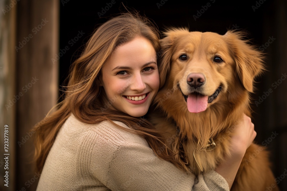 Happy young woman hugging her dog