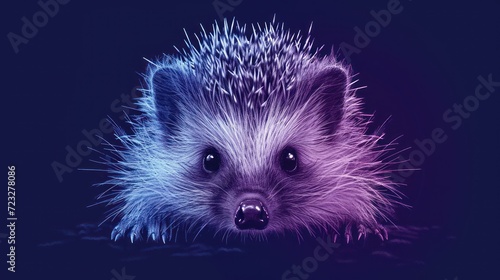  a close up of a porcupine on a black background with a purple and blue hued background and a black background with a blue and purple hued porcupine.