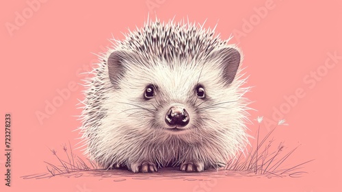  a drawing of a hedgehog sitting on the ground with its head turned to the side, looking at the camera, with a pink background of grass and pink.