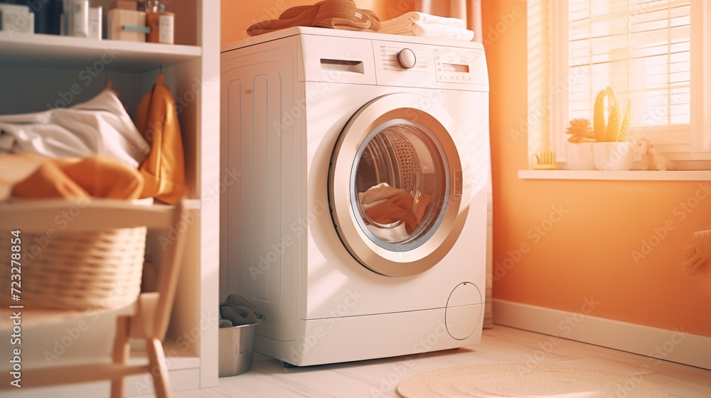 Modern washing machine, rattan basket and shelving unit in the laundry room. Minimal laundry room interior design. Generative AI Modern washing machine, rattan basket and shelving unit in the laundry room. Minimal laundry room interior design. Generative AI