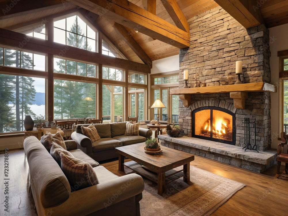 Cozy and natural living room adorned with a rustic ambiance, featuring exposed wooden beams. Cozy and natural living room adorned with a rustic ambiance, featuring exposed wooden beams.