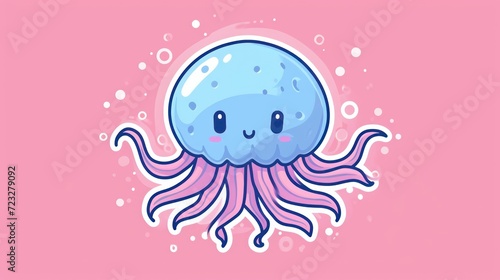  a blue and pink jellyfish with a smile on it's face, sitting in the middle of a pink background, with bubbles and bubbles around it's eyes.