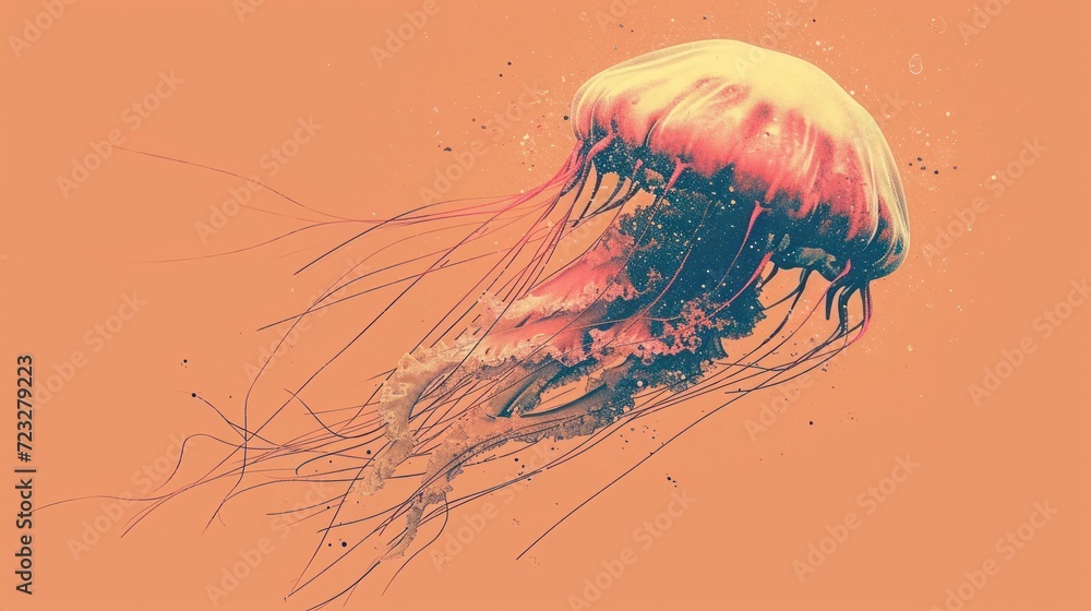  a close up of a jellyfish floating in the water on an orange background with water droplets on the bottom of the jellyfish's head and bottom of the jellyfish.