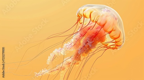  a close up of a jellyfish on a yellow background with a blurry image of it's head in the center of the jellyfish's body.
