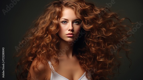 Photo of young woman with beauty long curly hair. fashion model posing at studio.