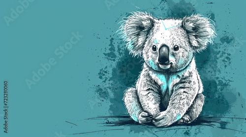  a drawing of a koala bear sitting on the ground with its paws on the ground, with a blue background and a splash of paint on the wall behind it.