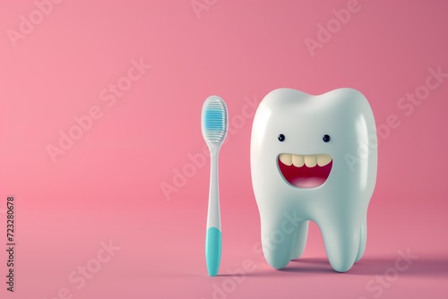 3D model of a veela tooth with a cheerful smile and a Toothbrush on a pink, blue background with space for your text, children's dentist