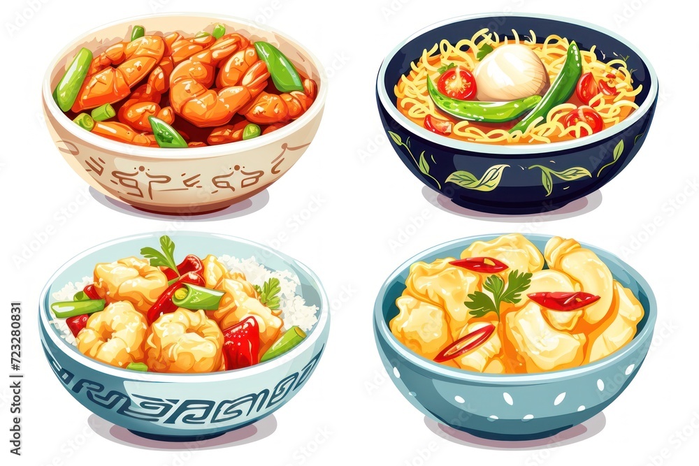 Chinese food in bowls on white background Chinese food in bowls on white background