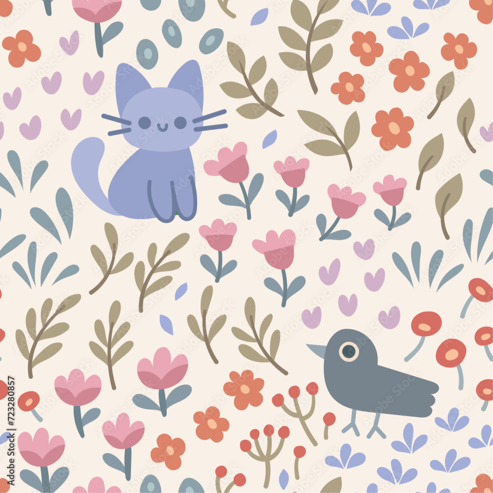 Cute seamless pattern with cat, bird and floral elements. Vector illustration with cartoon drawings for print, fabric, textile.