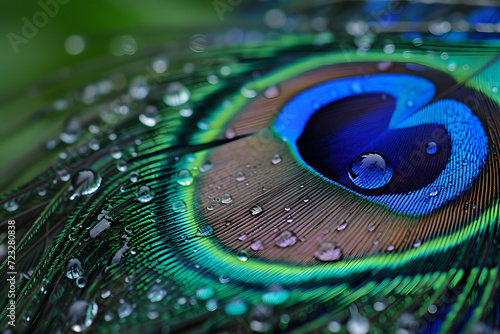 Peacock bird feathers with water drops on wallpaper background.