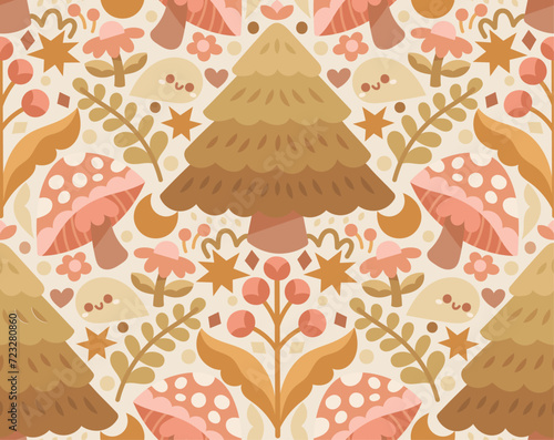 Seamless cozy pattern with vector forest and mushroom elements. Cute magical background design.
