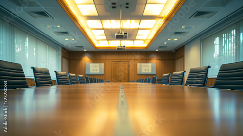 A spacious conference room with a large table and empty chairs under soft lighting.