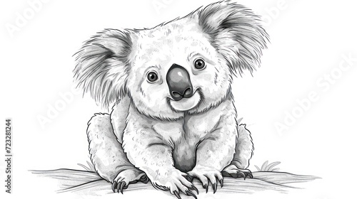  a black and white drawing of a koala sitting on the ground with it's head turned to the side and it's eyes wide open, with its mouth wide open.