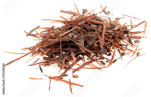 Pile of natural Taheeboo dry tea isolated on a white background. Lapacho herbal tea. Tabebuia heptophylla. photo