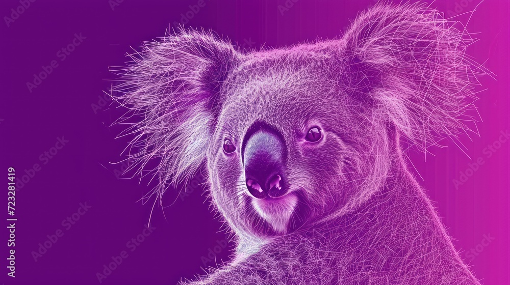 Fototapeta premium a close up of a koala on a purple and pink background with a blurry image of the koala's face and the koala is looking at the camera.