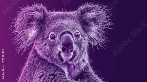  a close up of a koala's face with a blurry background and a purple hue to the left of the image, with a black and white outline of the koala koala's head.