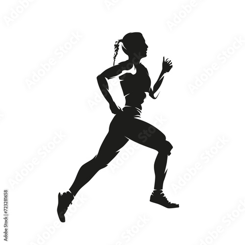 Running woman, isolated vector silhouette, front view