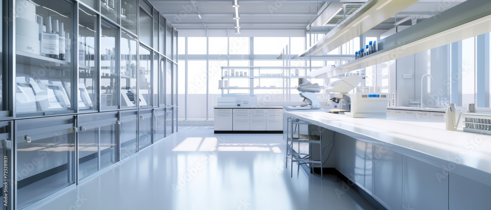 A pristine laboratory with organized equipment basks in the daylight reflecting off gleaming surfaces A pristine laboratory with organized equipment basks in the daylight reflecting off gleaming surfaces