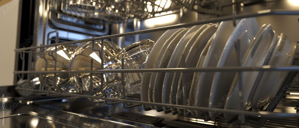 Gleaming dishes and glasses neatly arranged in a dishwasher after a cleaning cycle, bathed in warm light Gleaming dishes and glasses neatly arranged in a dishwasher after a cleaning cycle, bathed in warm light