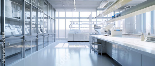 A pristine laboratory with organized equipment basks in the daylight reflecting off gleaming surfaces