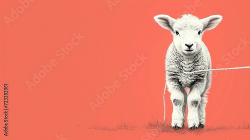  a black and white photo of a sheep on a red background with a rope in the foreground and a red background with a black and white photo of a white sheep. © Nadia