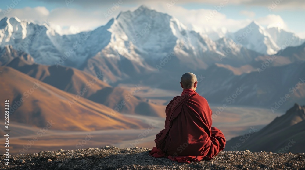 Tibetan monk from back sitting on the stone near the water in the background of foggy mountains