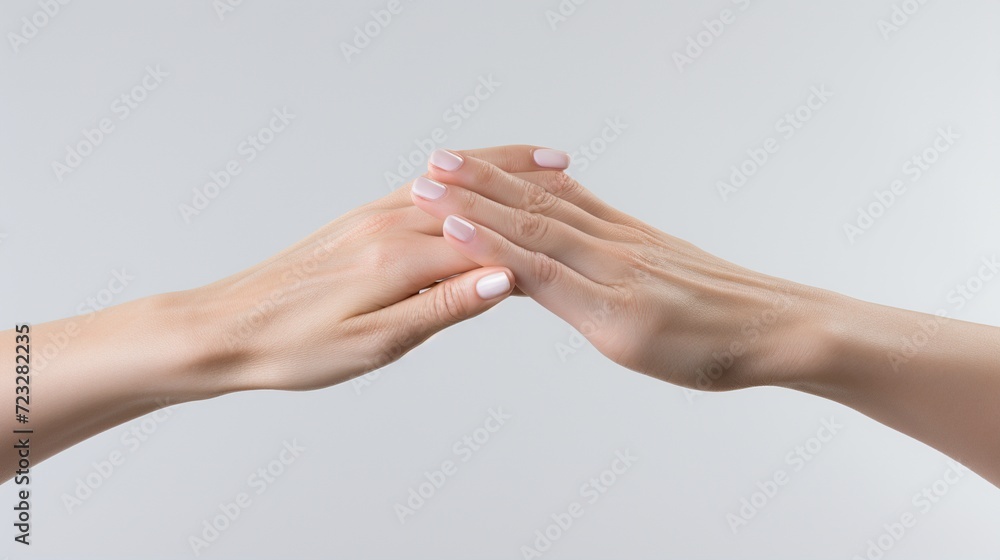 Closeup of a young woman's hands with a dark red manicure on nails on a white background