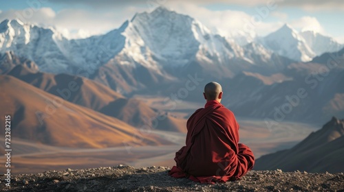 Tibetan monk from back sitting on the stone near the water in the background of foggy mountains