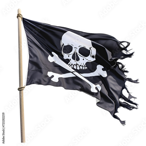 Photography of a Wind-Tossed Pirate Flag with Skull and Bones, Isolated on Transparent Background, PNG