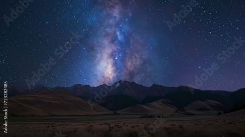 A starry night sky over a peaceful mountain landscape with a clear view of the Milky Way.