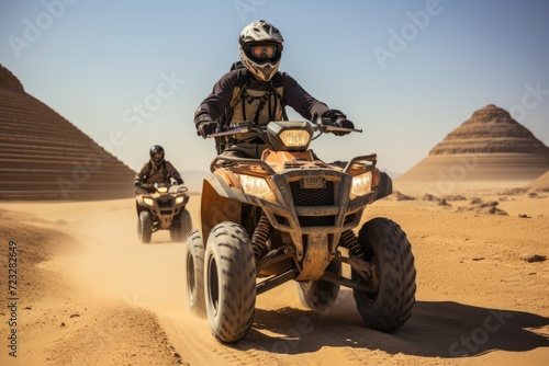 safari in sand desert. Quad bike on sand dune. ai generated photo