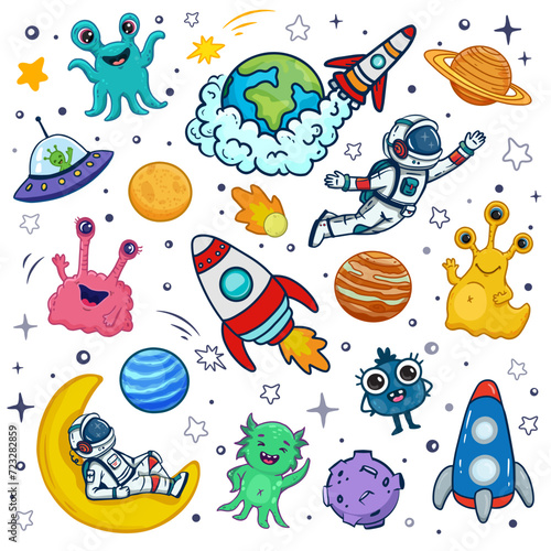 set of cosmos in doodle style: astronaut, planets, stars, rocket and alien, monster for design. Science space exploration. Vector 